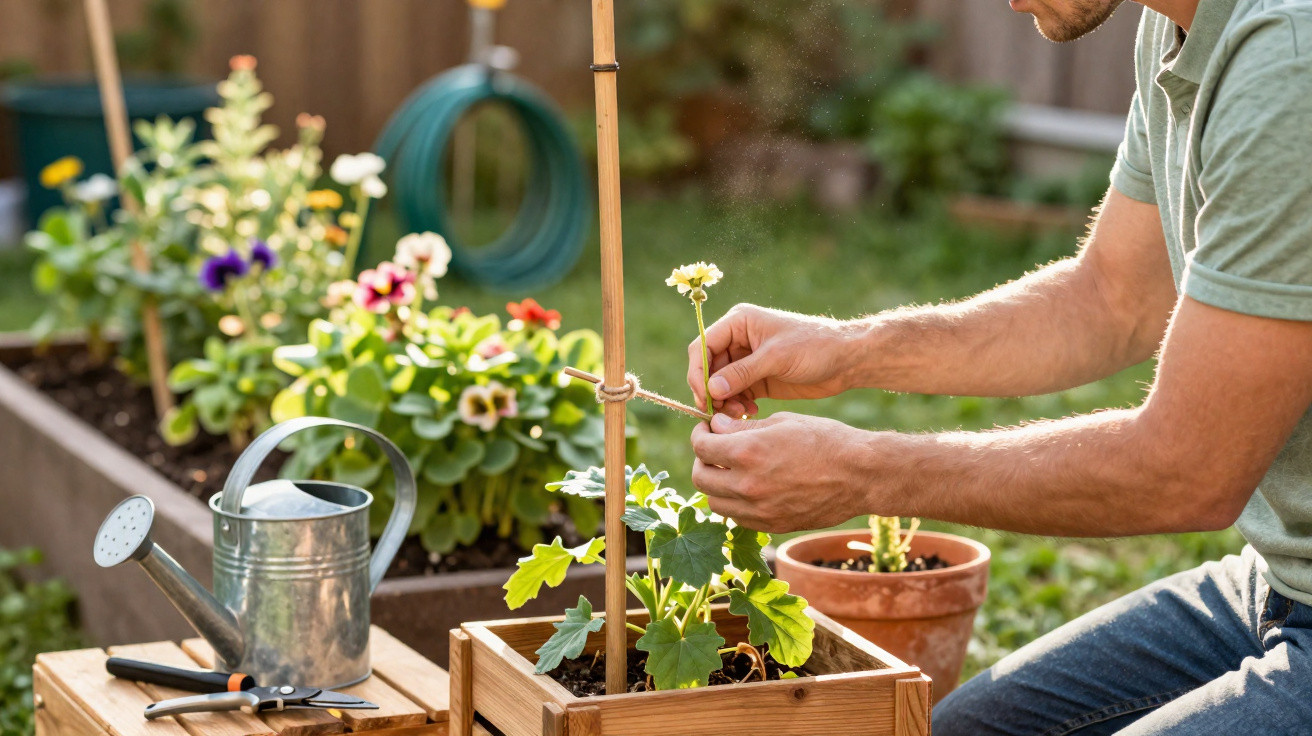 Person tying a flower to a stake in a wooden planter in a garden with gardening tools nearby