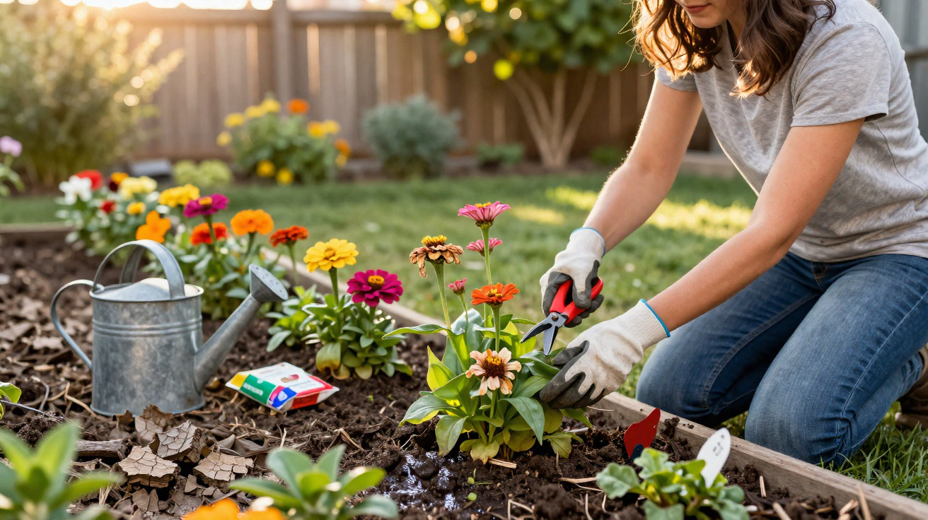 Person wearing gloves using pruning shears to trim colourful flowers in a garden bed on a sunny day.
