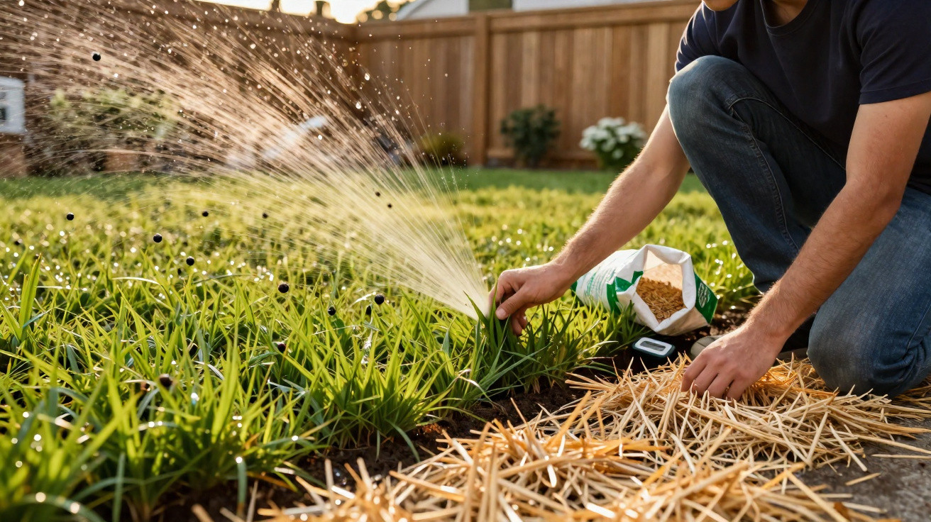 Person kneeling in garden watering plants with a sprinkler while spreading straw mulch in a backyard.