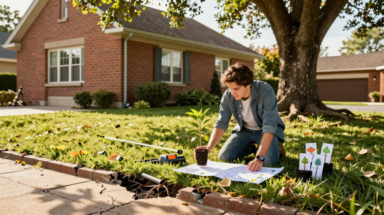 Person kneeling on grass, planting a small plant next to garden design plans in a residential front yard.