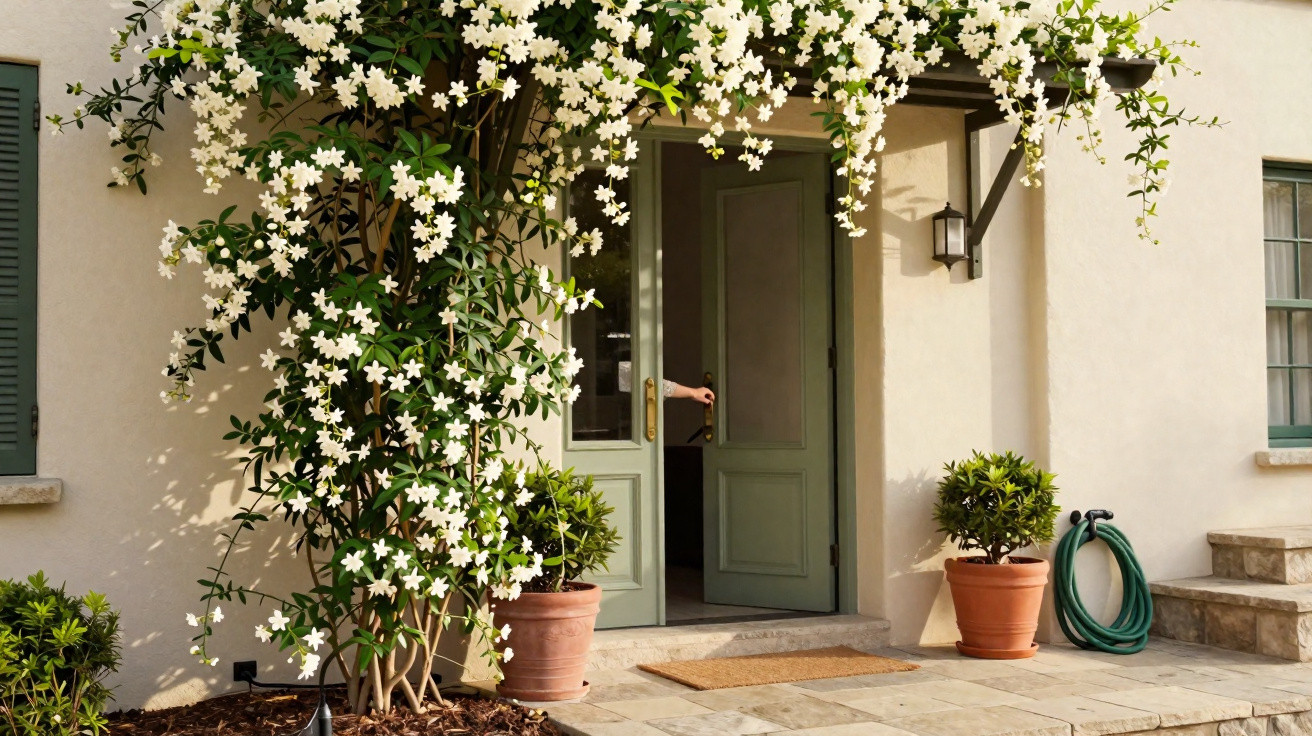 Open green door with white flowering vine and two potted plants on a stone patio outside a cream house.