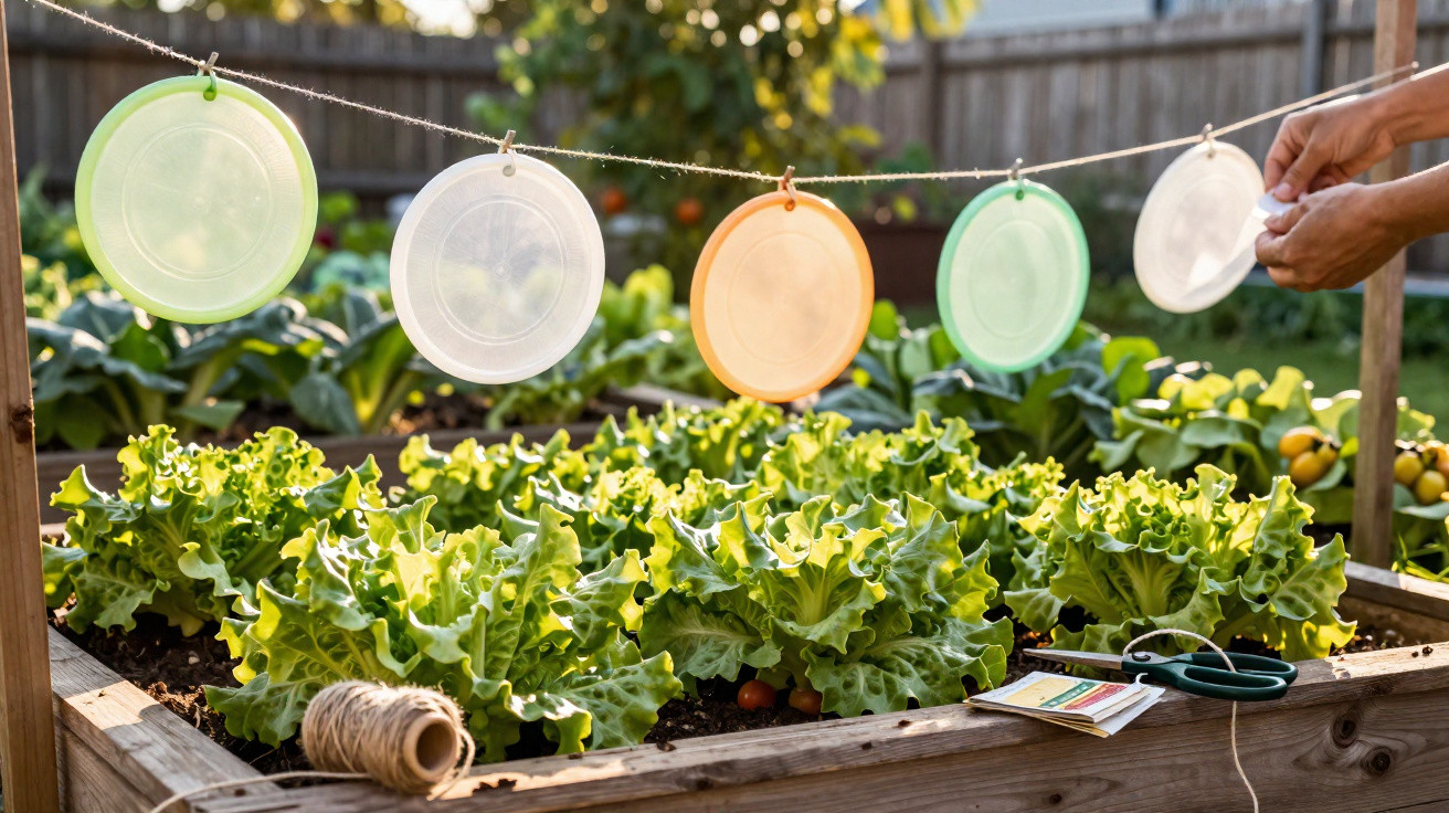 Raised garden bed with leafy lettuce plants and coloured plastic discs hanging on a string above in a backyard.