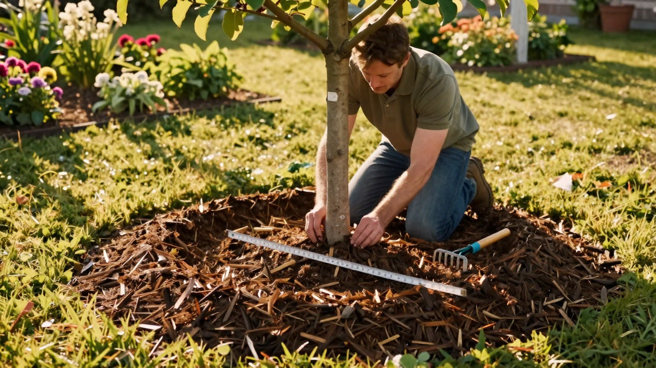 Man kneeling on grass measuring mulch bed around young tree in sunny garden with flowers in background
