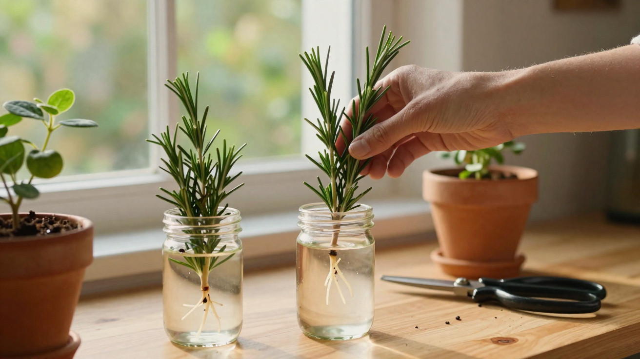 Hand placing a rosemary cutting with roots into a glass jar of water on a wooden table by a window.