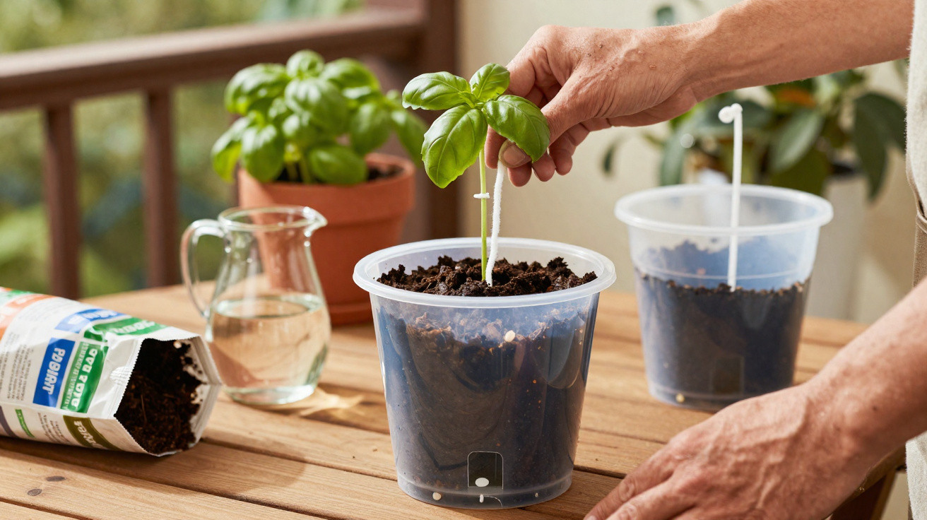 Hands transplanting a young basil plant into a clear plastic pot on a wooden table with gardening supplies.
