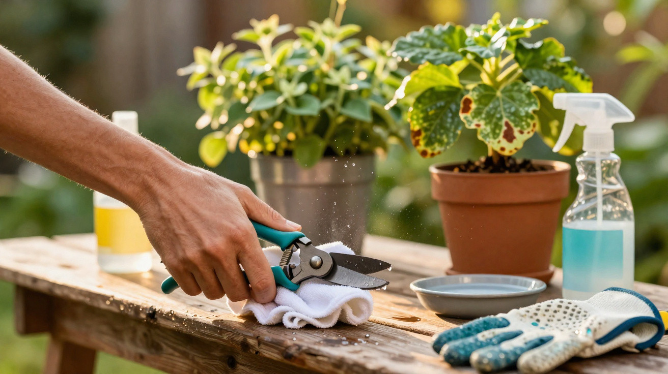 Hand holding pruning shears wiping blades with cloth on garden bench with plants and gloves.
