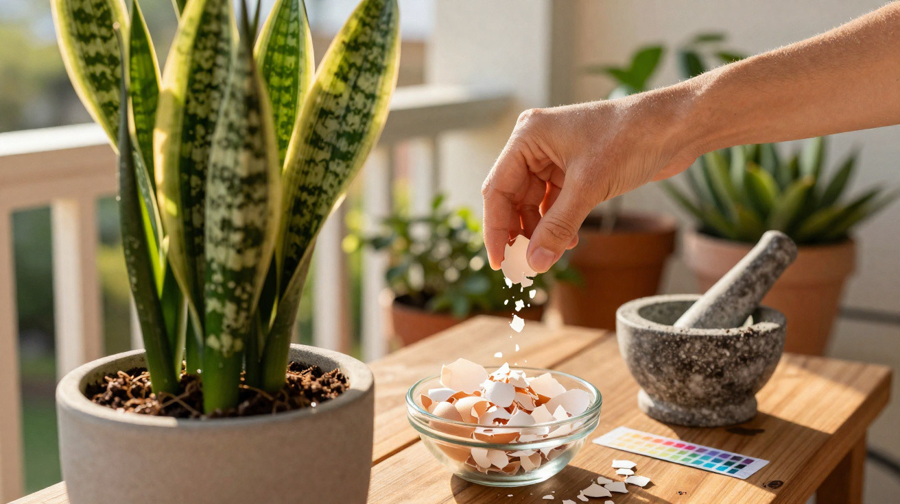 Hand sprinkling crushed eggshells into a glass bowl on a wooden table with potted plants nearby.