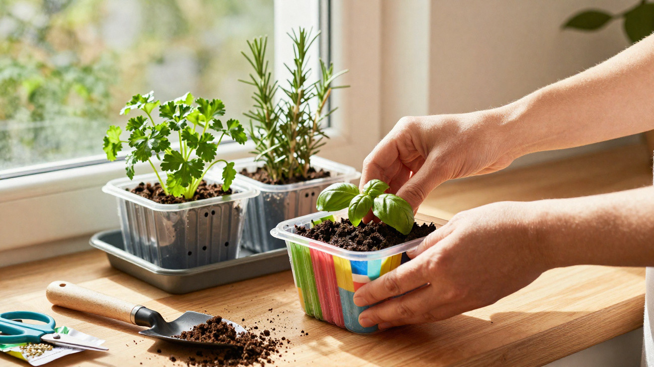 Hands tending a small basil plant in a colourful pot on a wooden windowsill with other herb plants nearby.