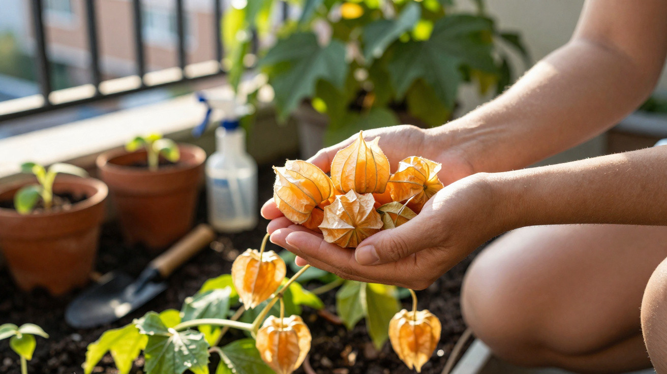 Close-up of hands holding orange physalis fruits above a garden bed with plants and pots in the background.