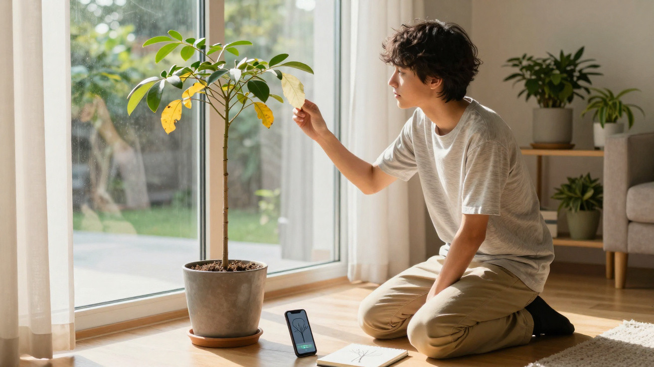 Young person kneeling by a potted plant indoors, inspecting a yellowing leaf near a sunlit window.