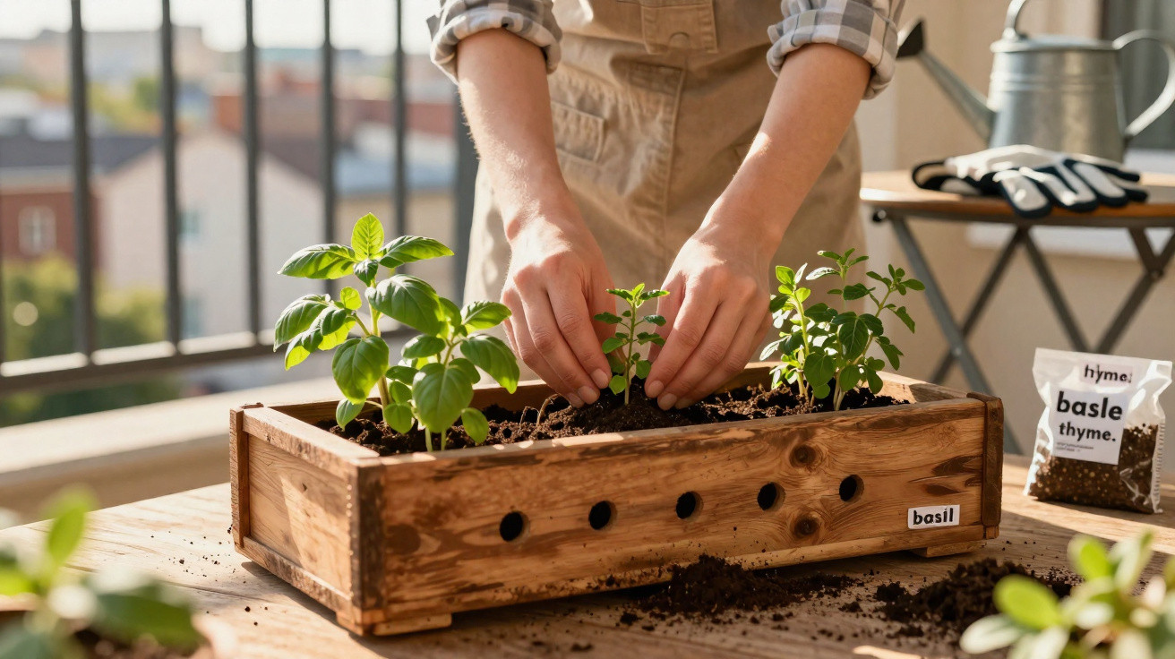 Person planting basil seedlings in a wooden planter box on a balcony garden table in sunlight.