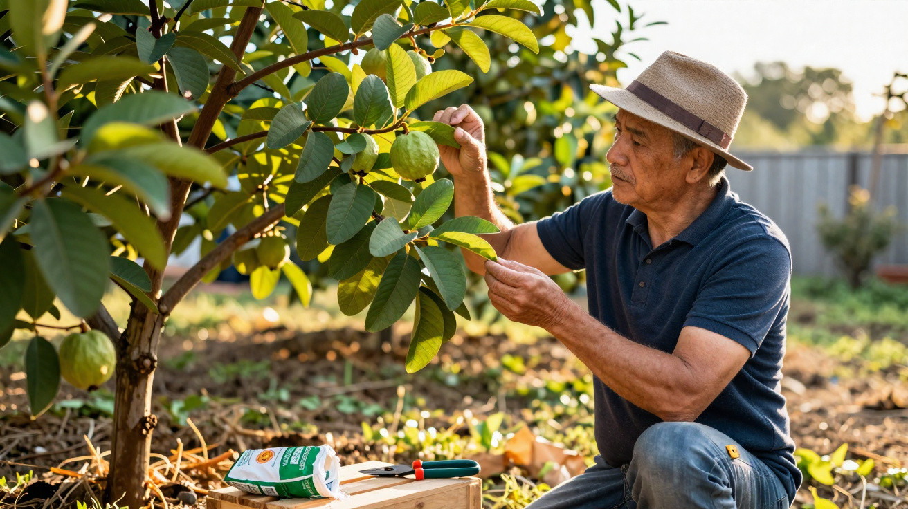 Man in a hat inspecting a guava fruit on a tree in a garden during daylight.