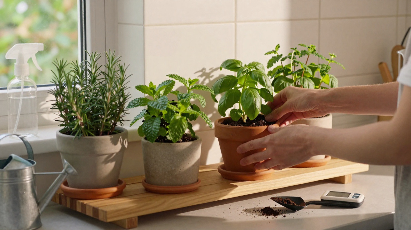 Hands arranging potted herbs on a wooden tray by a kitchen window with gardening tools nearby.