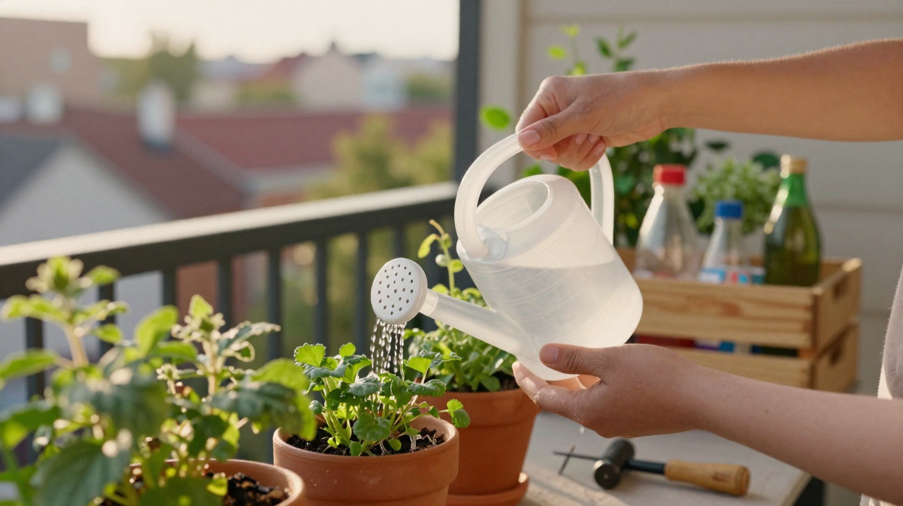 Person watering green plants in terracotta pots on a balcony with a white plastic watering can.