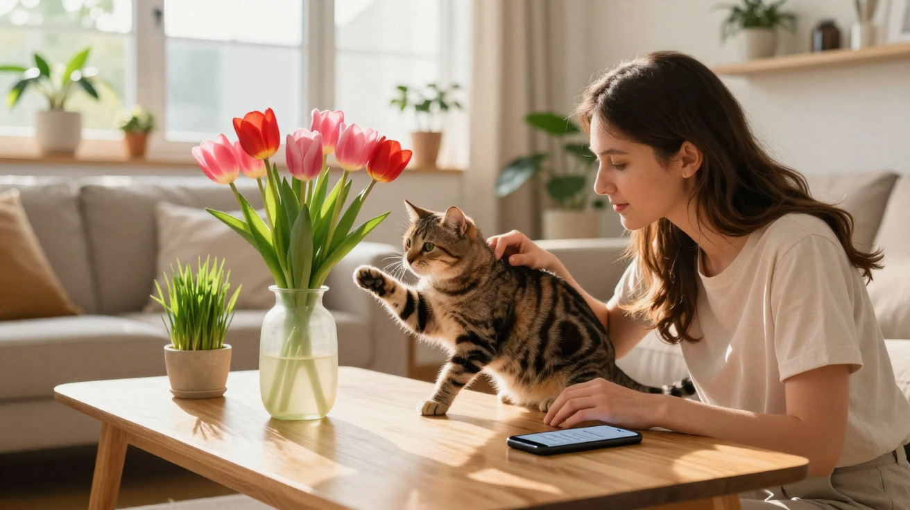 Woman petting a tabby cat reaching towards a vase of tulips on a sunlit wooden coffee table.
