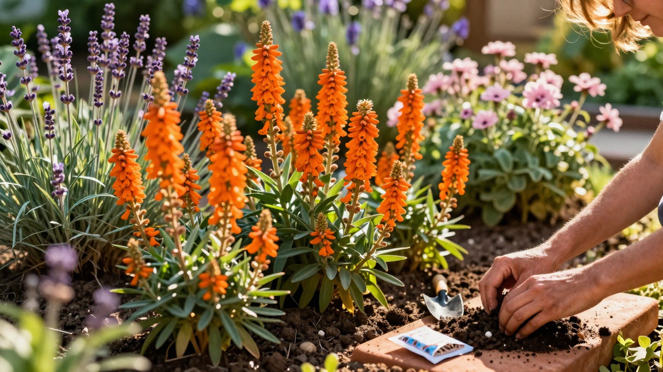 Person planting seeds in soil surrounded by blooming orange and purple flowers in a sunny garden bed.