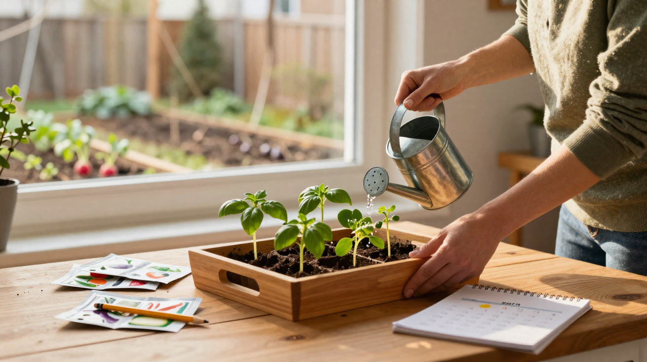 Person watering seedlings in a wooden tray on a table near a window with gardening supplies nearby.