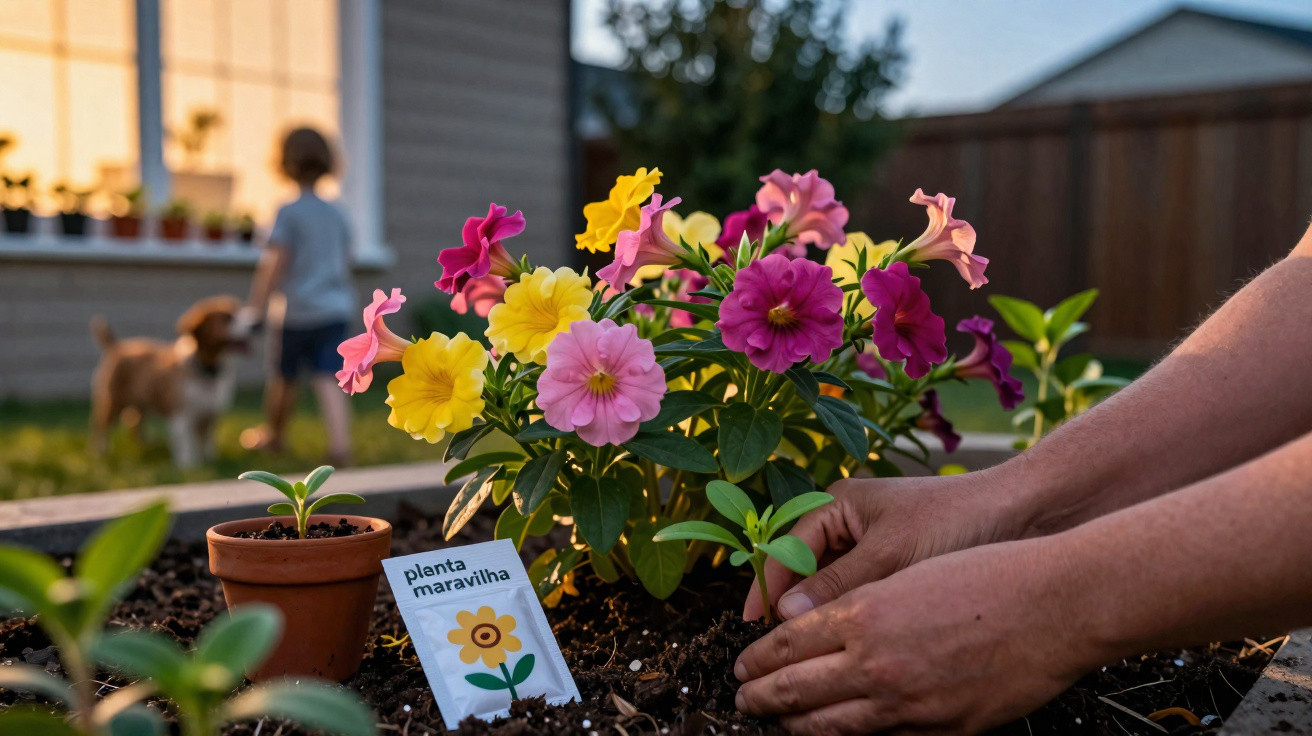 Hands planting a small seedling in a garden bed with colorful petunias and a child with a dog in background
