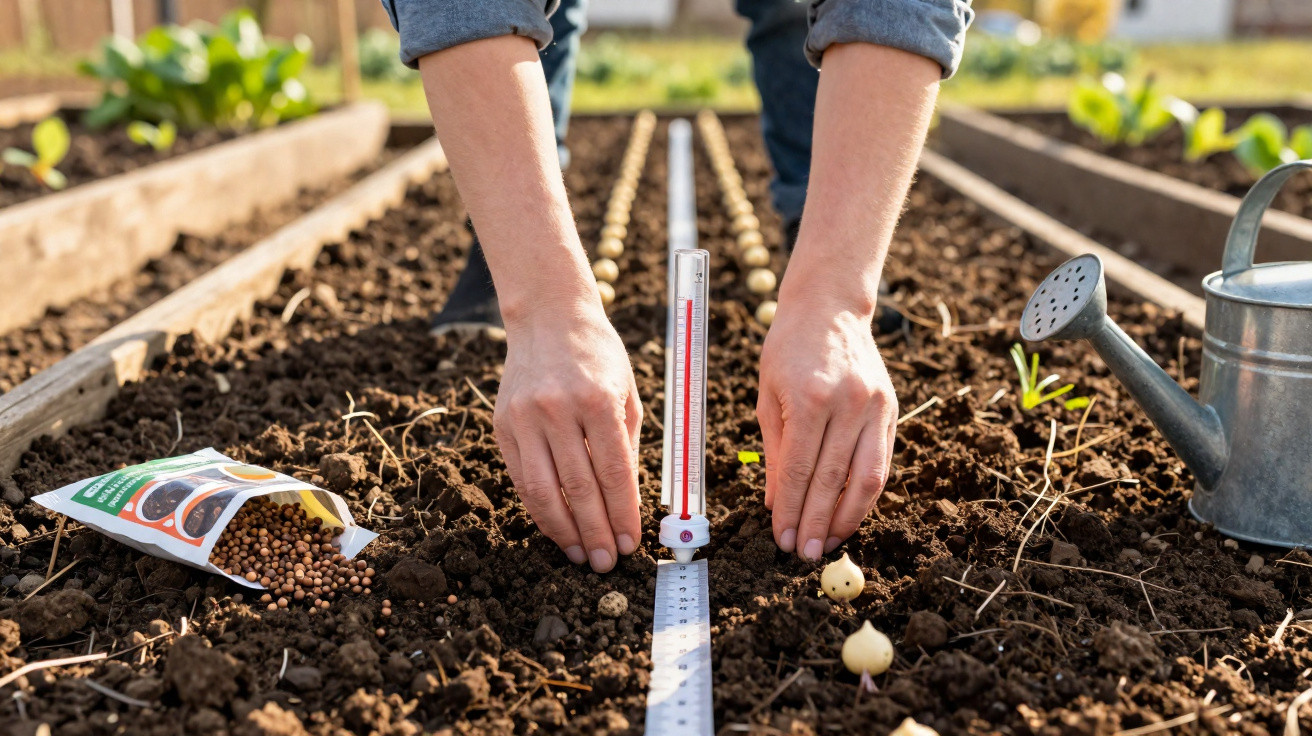 Hands planting onion bulbs in soil next to a seed packet, thermometer, and watering can in garden beds.