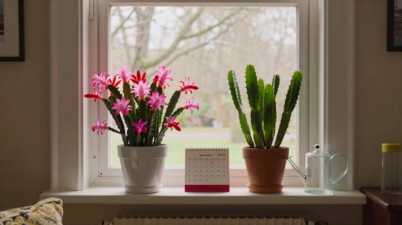 Two potted cacti and a November 2022 calendar on a white windowsill with a clear watering can.