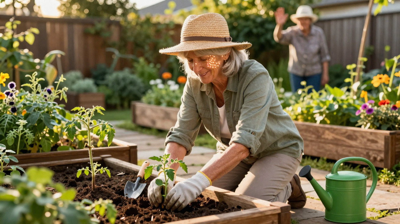 Older woman wearing a hat gardening with a small shovel in a raised bed as another waves in the background.