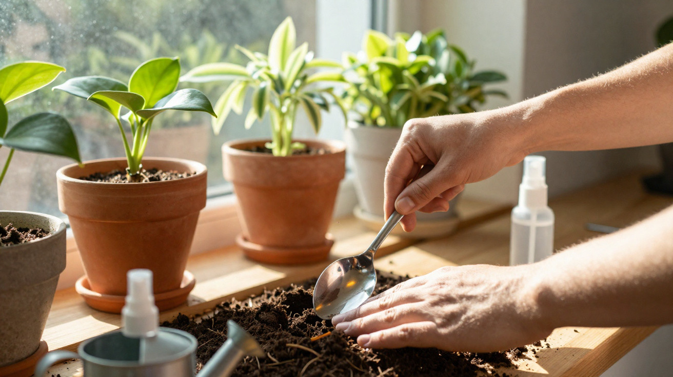 Person planting seeds with a spoon in soil on a windowsill surrounded by potted plants and gardening tools.