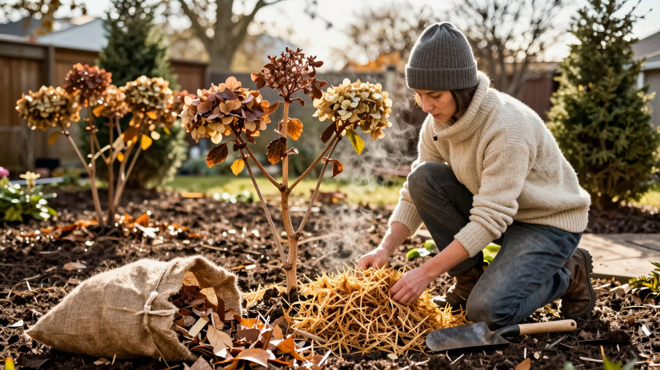Person wearing a beanie and sweater kneels to mulch around small plants in a garden on a sunny day.