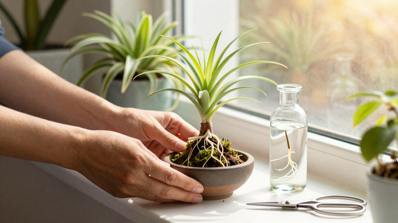 Hands placing a potted air plant on a windowsill with a glass bottle and scissors nearby in natural light.