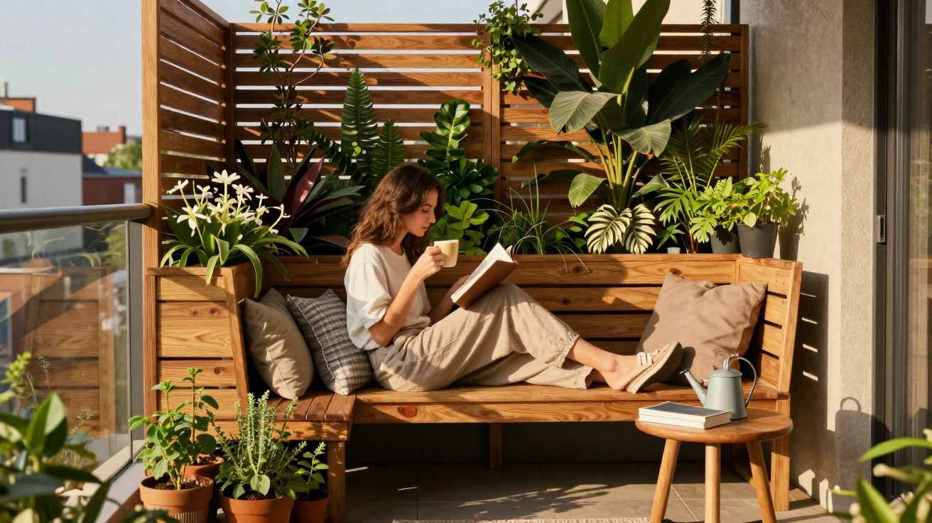 Woman reading a book and drinking coffee on a wooden balcony bench surrounded by potted plants in sunlight.