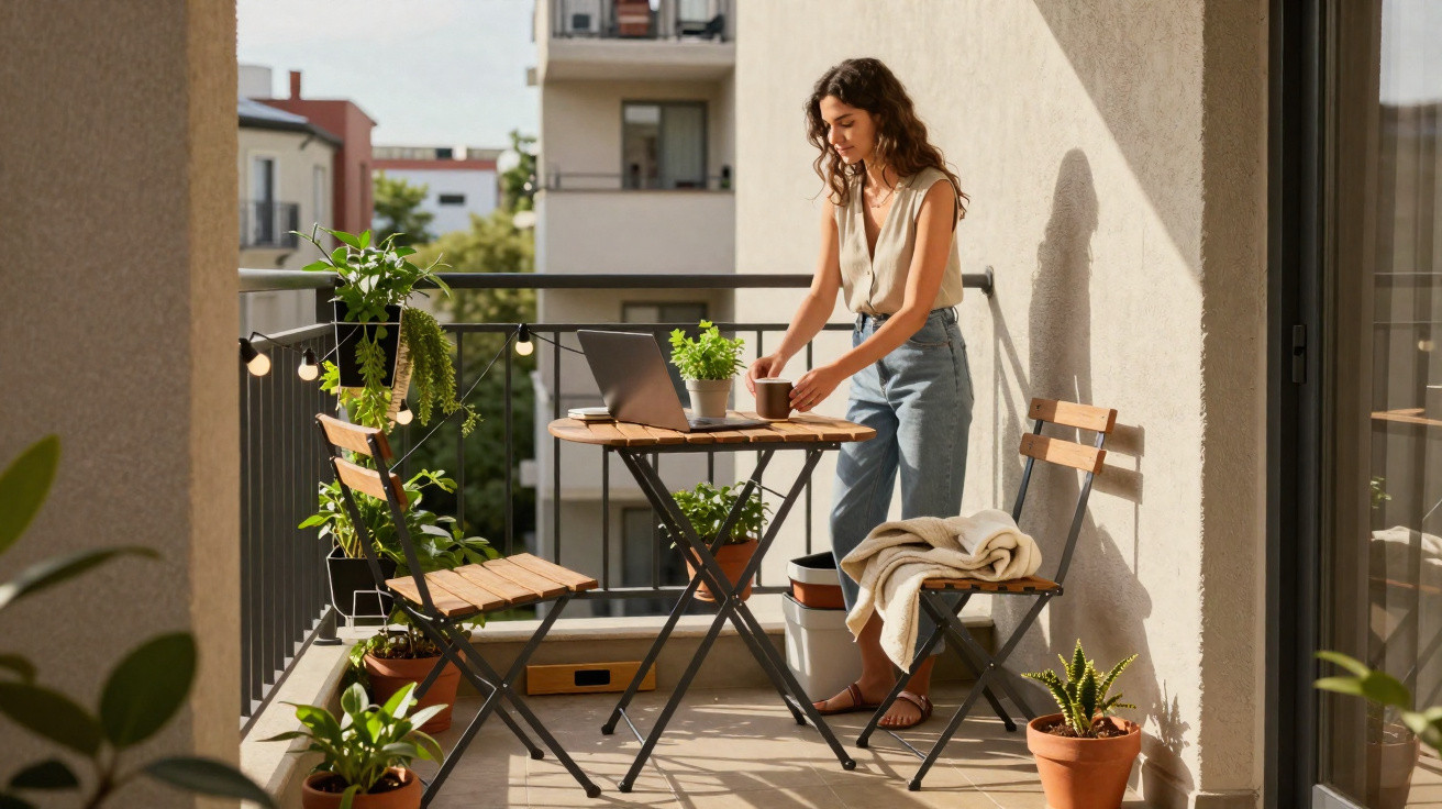 Woman arranging a cup on a balcony table with plants, a laptop, and two wooden chairs in daylight.