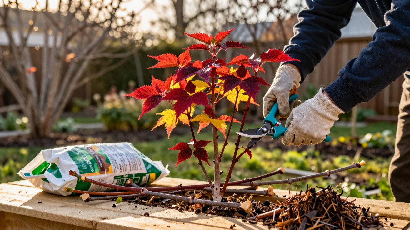 Person wearing gloves pruning a young plant with red leaves in a raised garden bed outdoors at sunset.