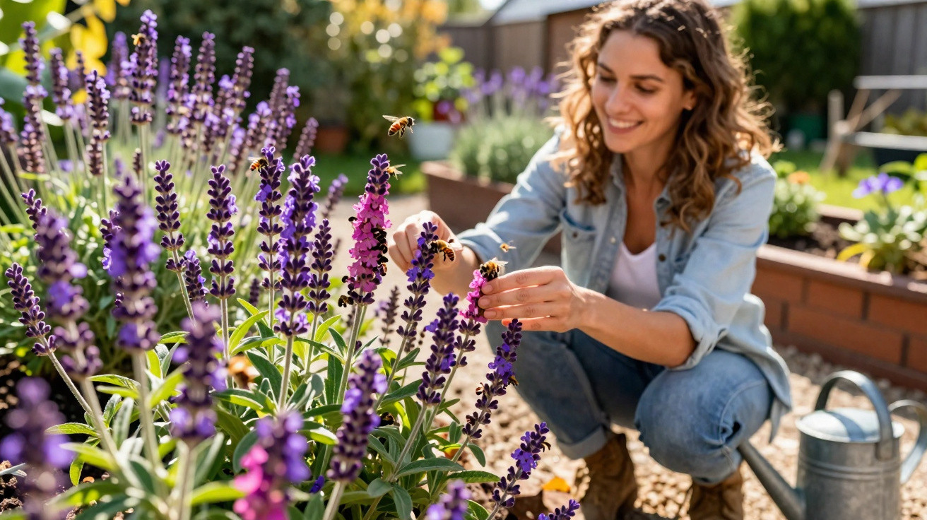 Woman smiling while tending to purple and pink flowers outdoors with bees flying nearby in a garden.