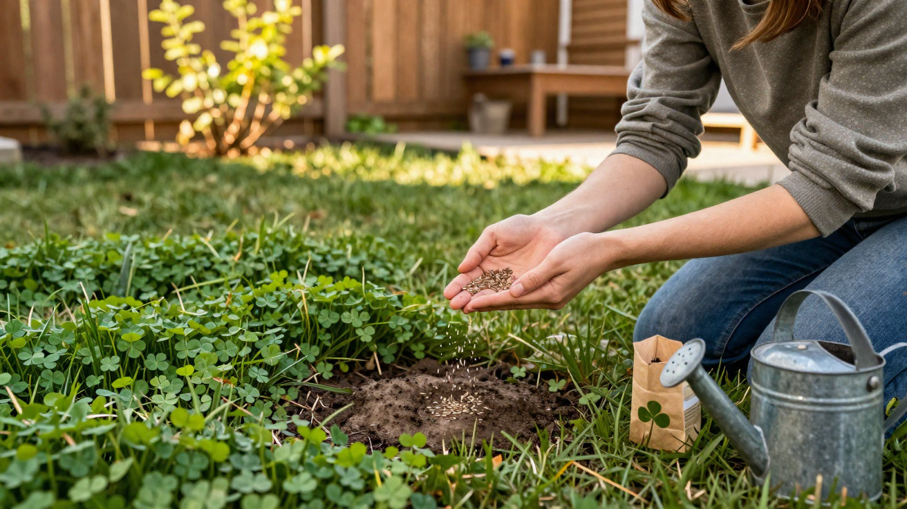 Person sowing seeds in a garden patch surrounded by clover with a watering can nearby.