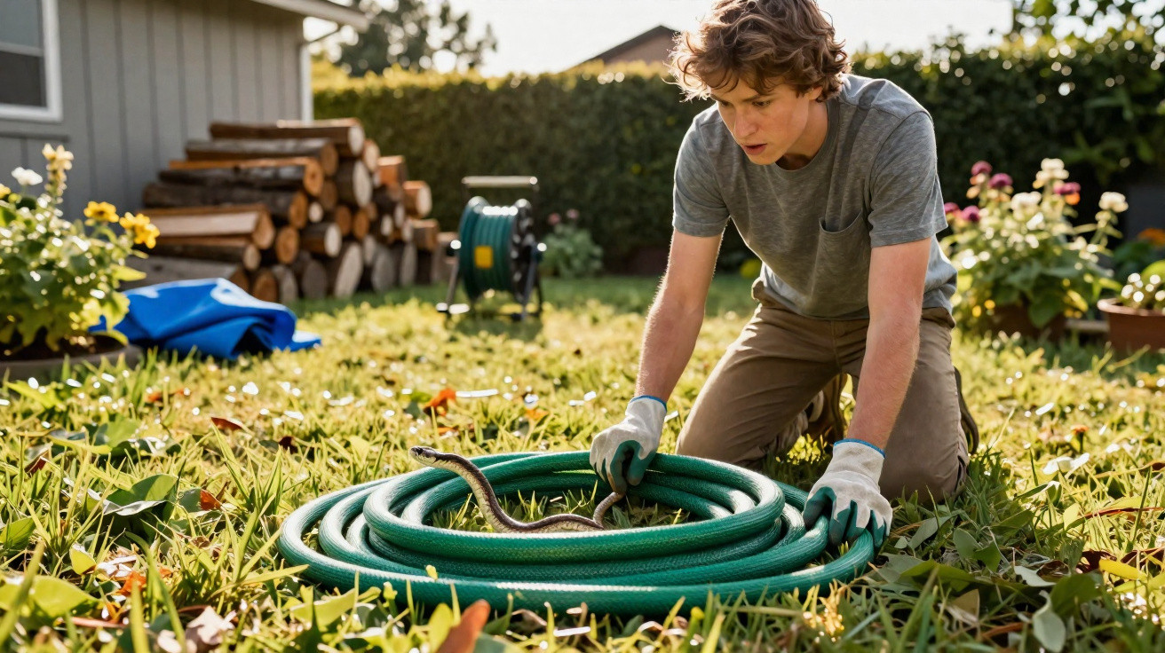 Young man kneeling in garden looking at snake coiled inside a green garden hose on grass.