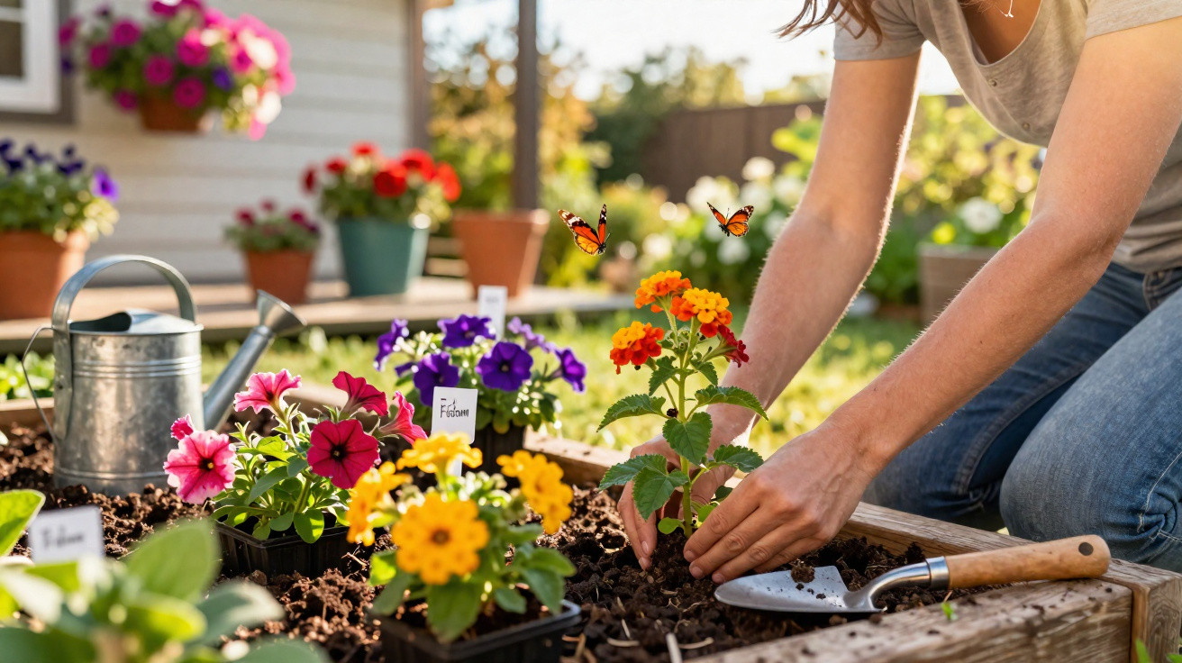 Person planting colourful flowers in a raised garden bed with butterflies and gardening tools nearby.