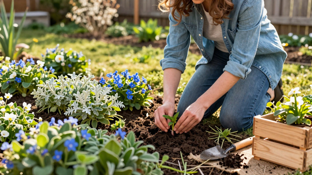 Person planting a small seedling in a garden bed surrounded by flowers on a sunny day