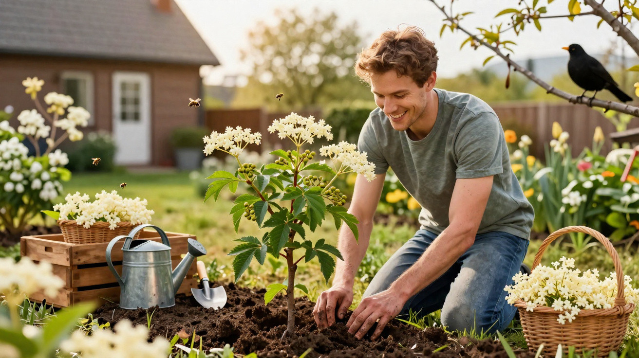 Man planting white flowering plant in garden with watering can, baskets, and bees nearby on a sunny day