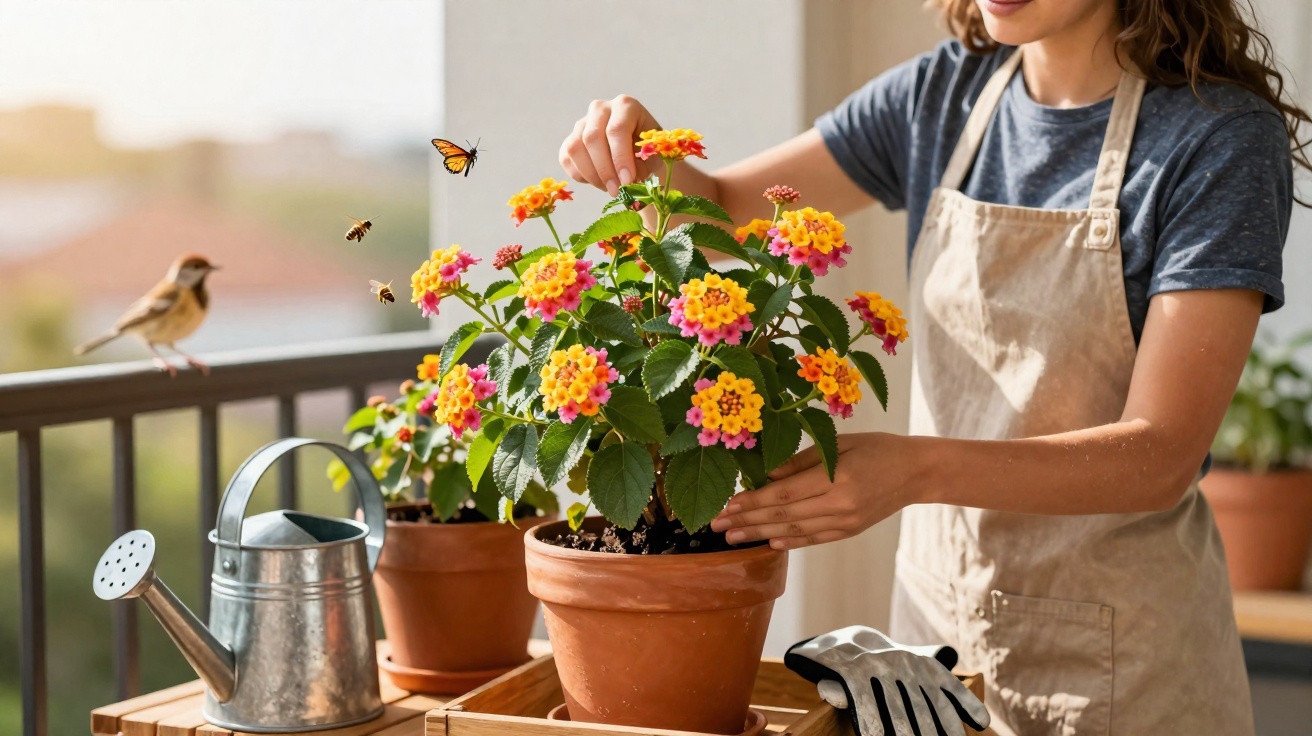 Person tending colourful flowering plant in pot on balcony with watering can and gardening gloves nearby