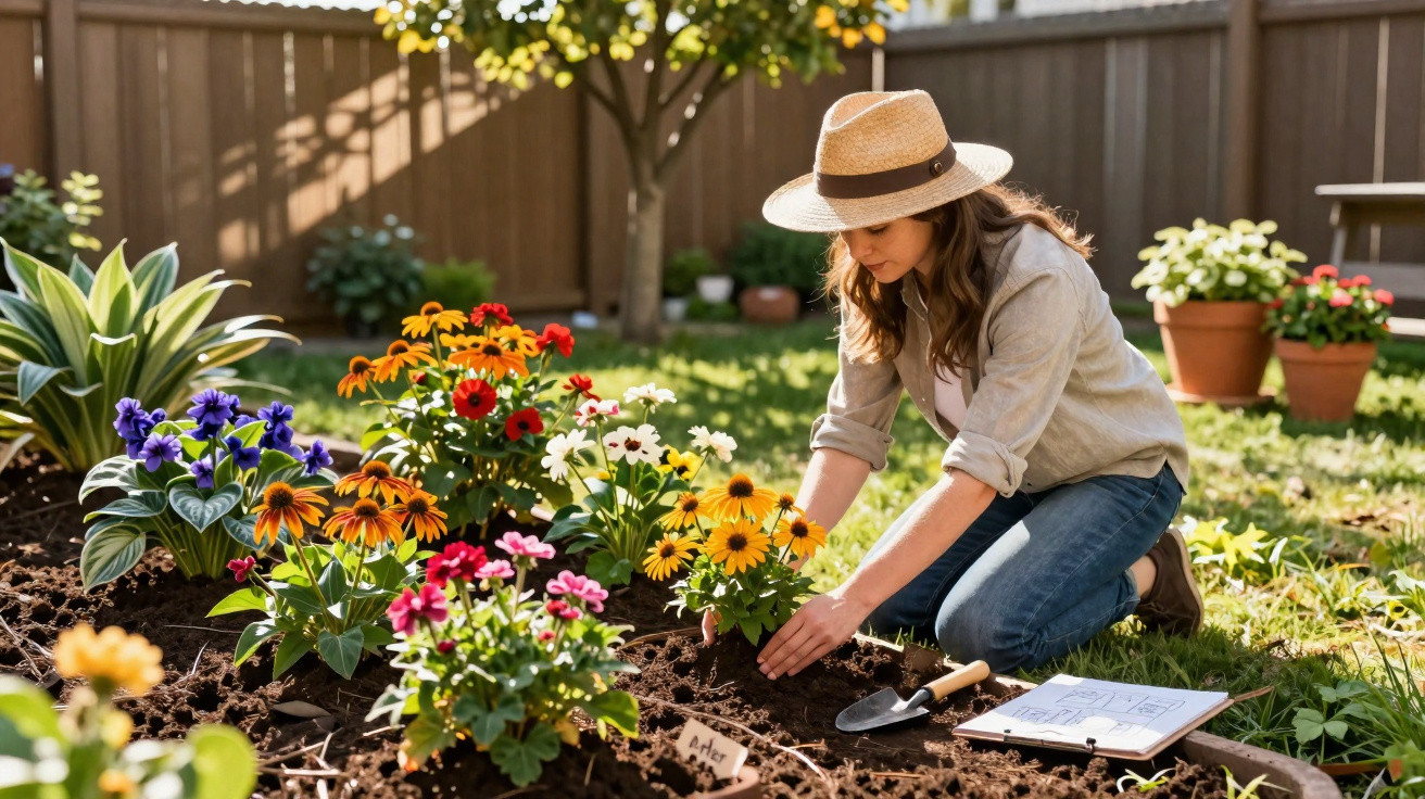 Woman wearing a straw hat planting colourful flowers in a garden bed on a sunny day