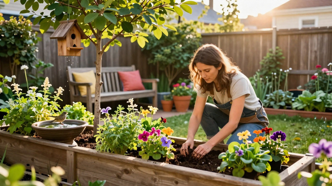Woman gardening colourful flowers in raised wooden garden bed at sunset with birdhouse nearby