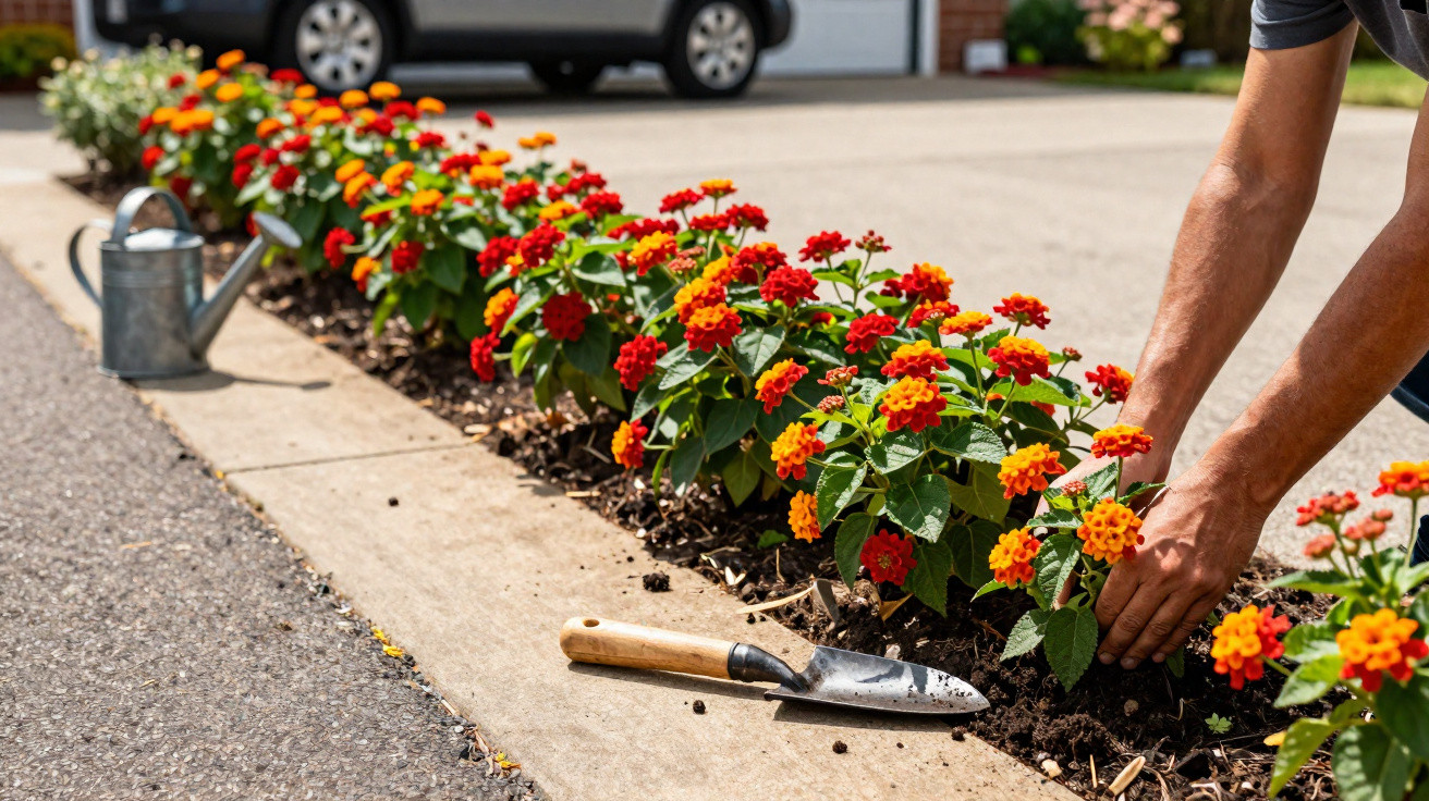 Hands planting vibrant red and orange flowers in a garden bed beside a driveway with a watering can nearby.