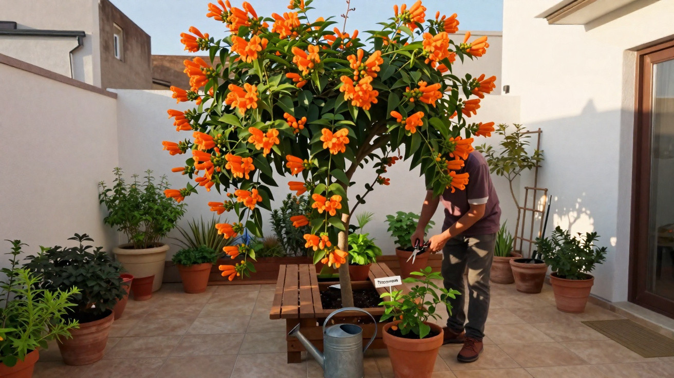 Person pruning a vibrant orange trumpet vine tree on a sunny patio surrounded by potted plants.
