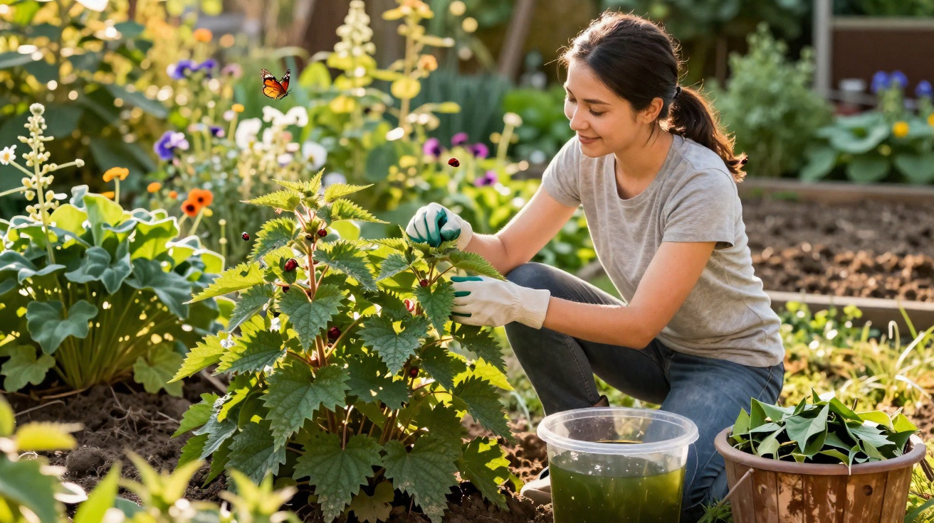 Woman in gloves tending plants in a sunny garden with flowers and a butterfly nearby.