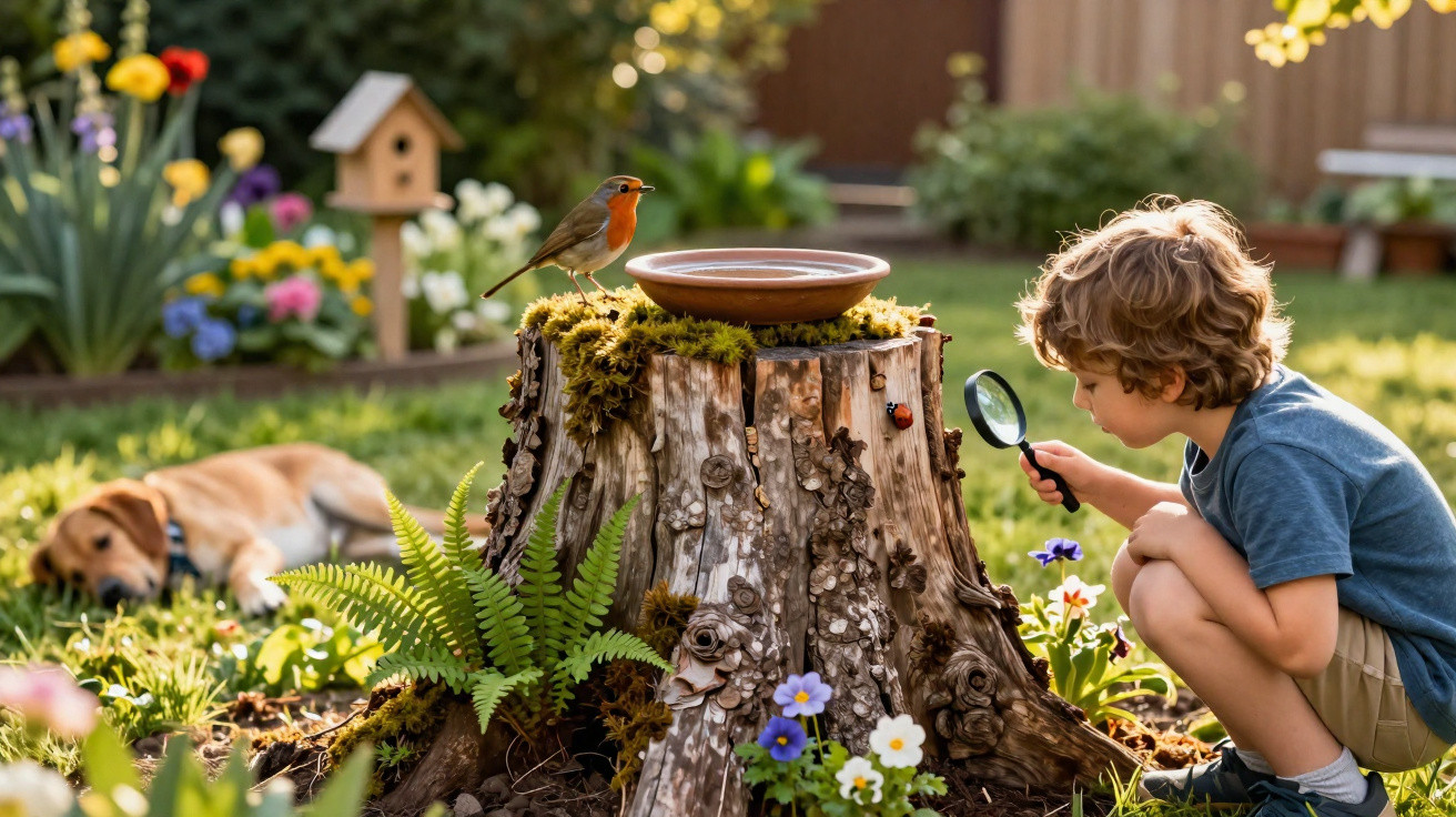 Young boy examining ladybird on tree stump with magnifying glass in sunny garden, robin and dog nearby