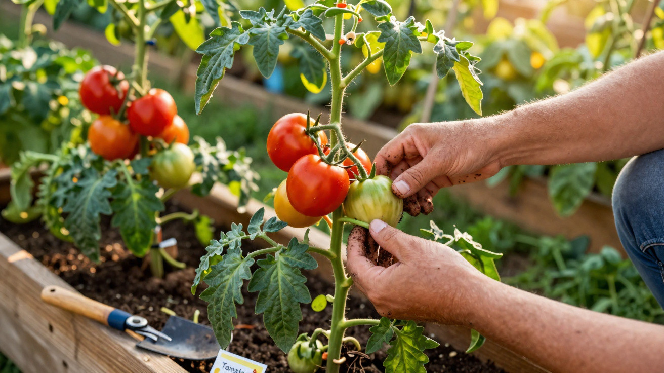 Hands harvesting a green tomato from a plant growing in a wooden raised garden bed with ripe red tomatoes.