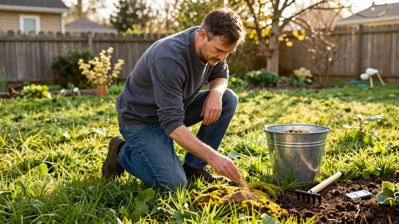 Man kneeling in garden tending to plants with a metal bucket and gardening tools nearby in daylight.