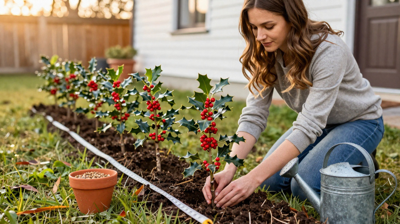 Woman planting holly shrubs with red berries in a garden bed outside a house in daylight.