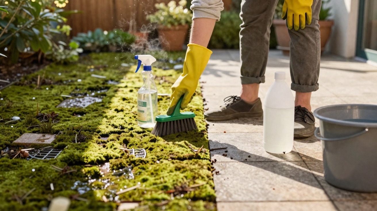 Person wearing yellow gloves scrubbing moss off patio tiles with cleaning spray and brush in garden.
