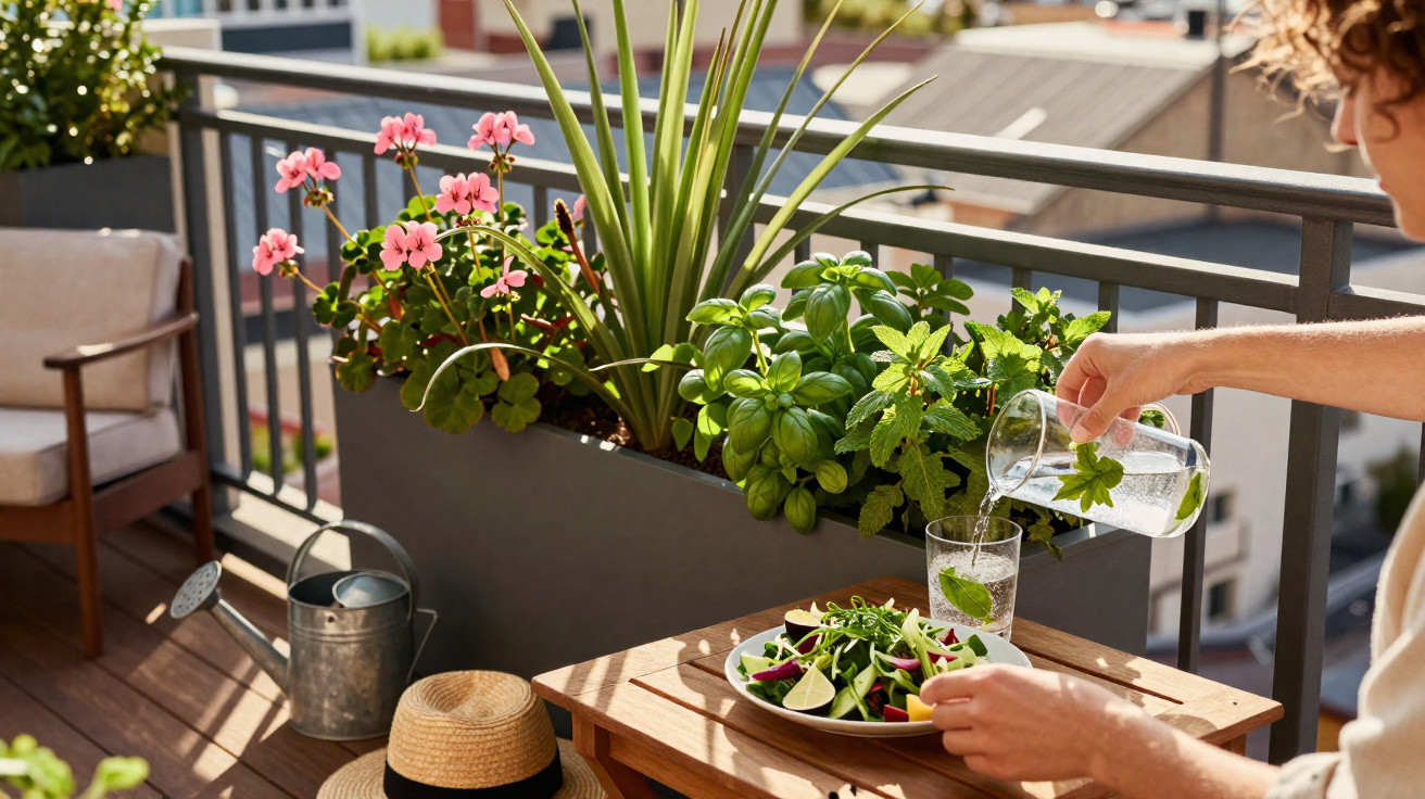 Person pouring water with mint leaves into a glass on a balcony with herbs and a salad bowl.