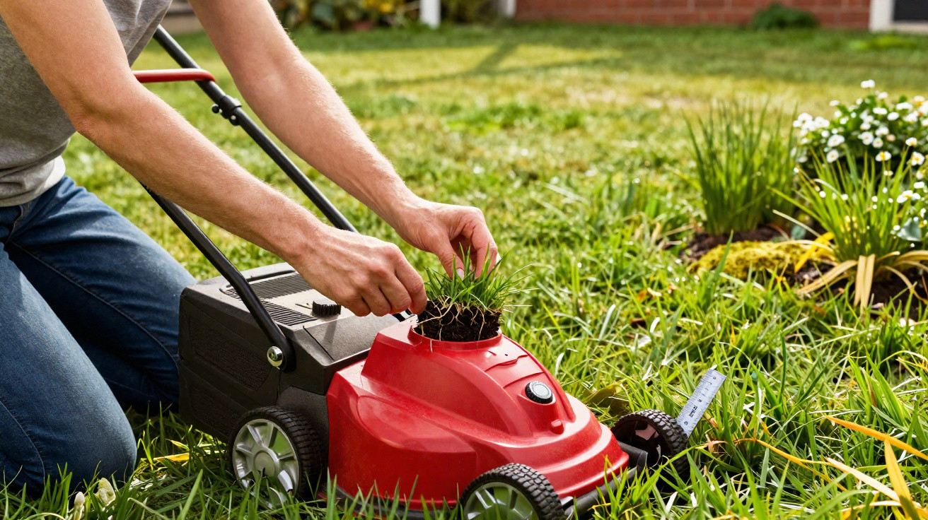 Person removing grass clumps from a red electric lawn mower on a green lawn.